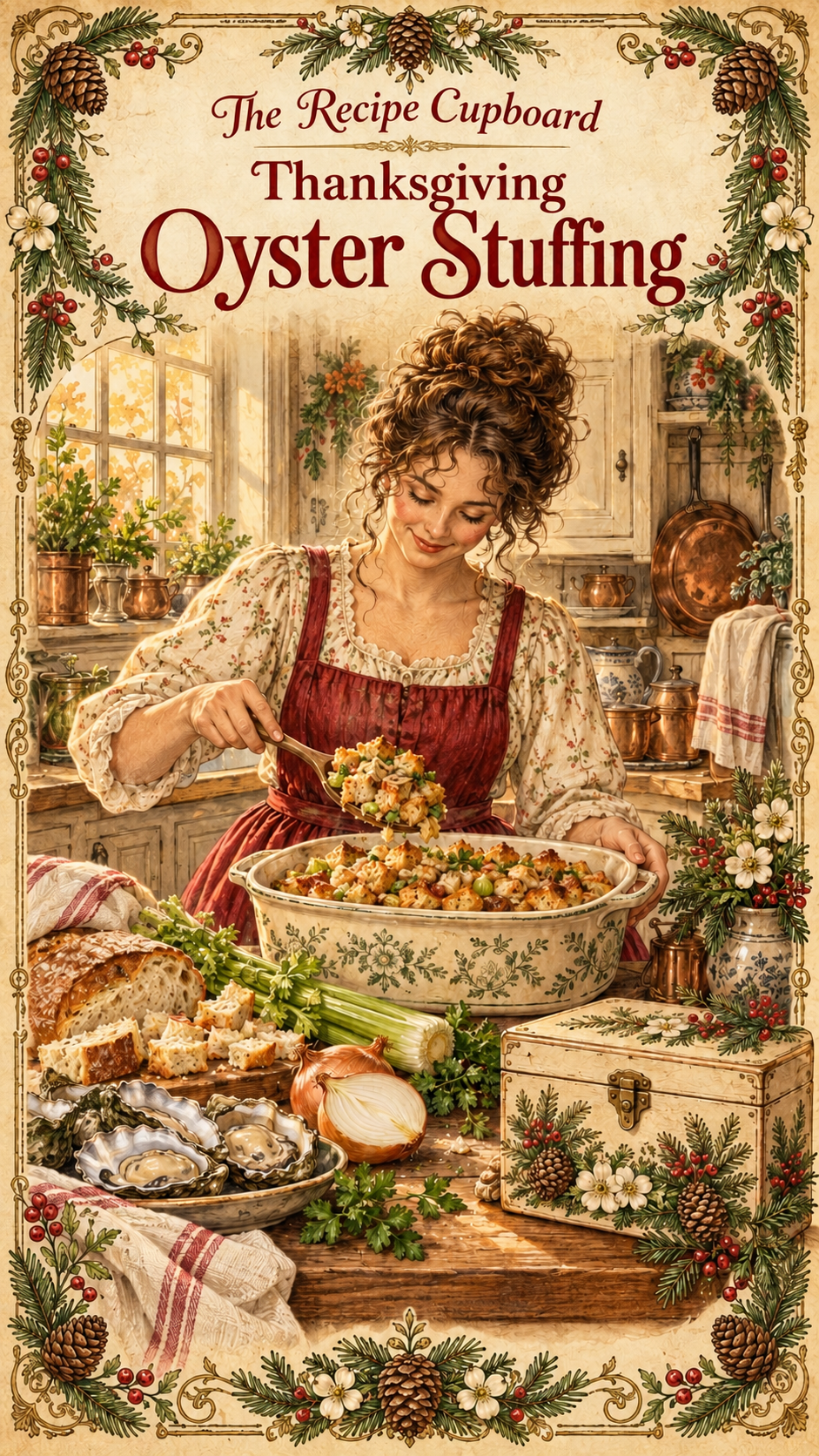Vintage illustration of a curly-haired brunette cook preparing oyster stuffing in a cottage kitchen, framed by antique botanicals